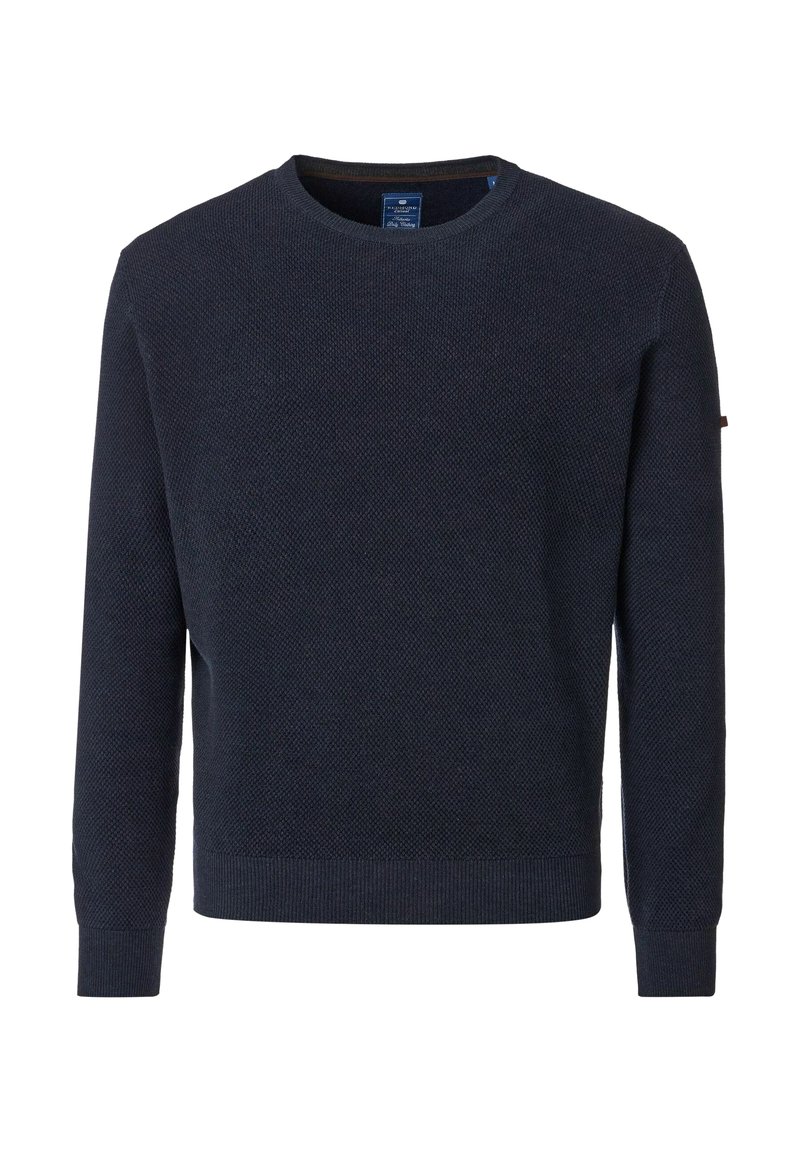 Marineblaues Strickpullover mit langen Ärmeln, rundem Ausschnitt und strukturiertem Stoff. Verfügt über gerippte Bündchen und einen Saum für eine taillierte Passform.