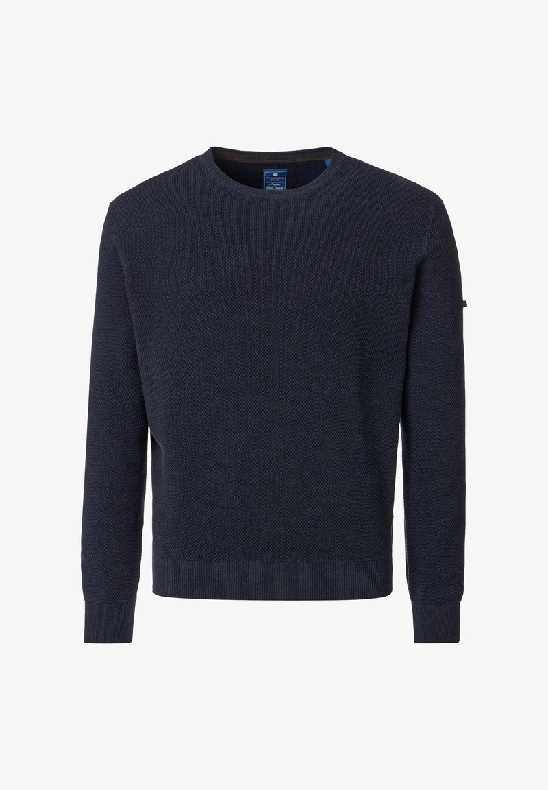 Marineblaues Strickpullover mit langen Ärmeln, rundem Ausschnitt und strukturiertem Stoff. Verfügt über gerippte Bündchen und einen Saum für eine taillierte Passform.