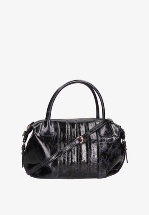 Borsa a mano in pelle nera con finitura lucida, dotata di due manici, una tracolla removibile e dettagli rigati eleganti.