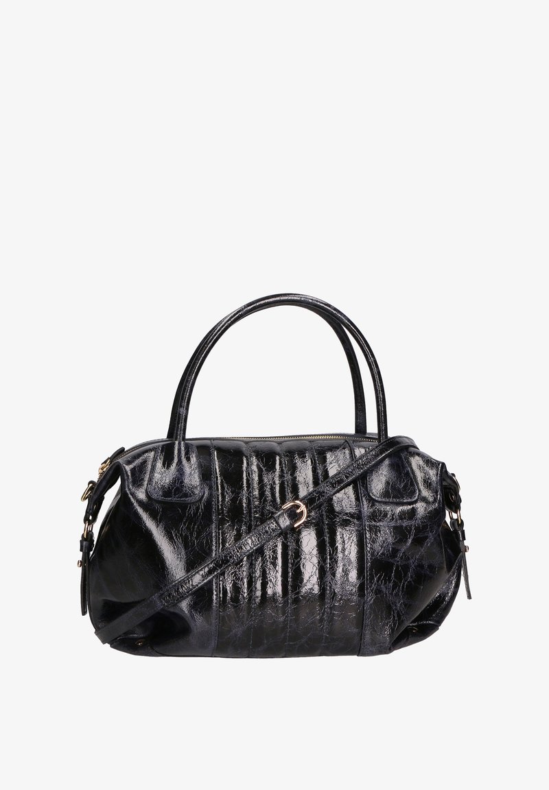 Sac à main en cuir noir avec une finition brillante, doté de deux poignées, d'une bandoulière amovible et de détails striés élégants.