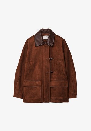 Brown suede jacket with a brown leather collar, featuring toggle closures and two large front pockets. Smooth texture and oversized design.