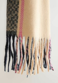 Woolen scarf featuring a beige base with checkered patterns, pink and dark stripes, and fringed edges in varying dark tones.