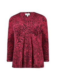 Maglietta a maniche lunghe di un audace colore rosa con motivi di stampa animale nera, dotata di un colletto rotondo e una vestibilità rilassata. Texture del tessuto morbida.