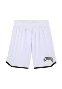 Shorts atletici in rete bianchi con accenti neri. Presentano "LOS ANGELES" in testo dorato sulla gamba sinistra e una vita elastica per il comfort.