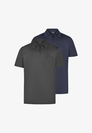 Due polo a maniche corte con colletto e cerniera frontale, una grigio scuro e una blu navy, entrambe con taschino sul petto.