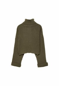 Olijfgroene geribde coltrui met een cropped ontwerp, brede mouwen en opgerolde manchetten. Gemaakt van textuur gebreid materiaal.