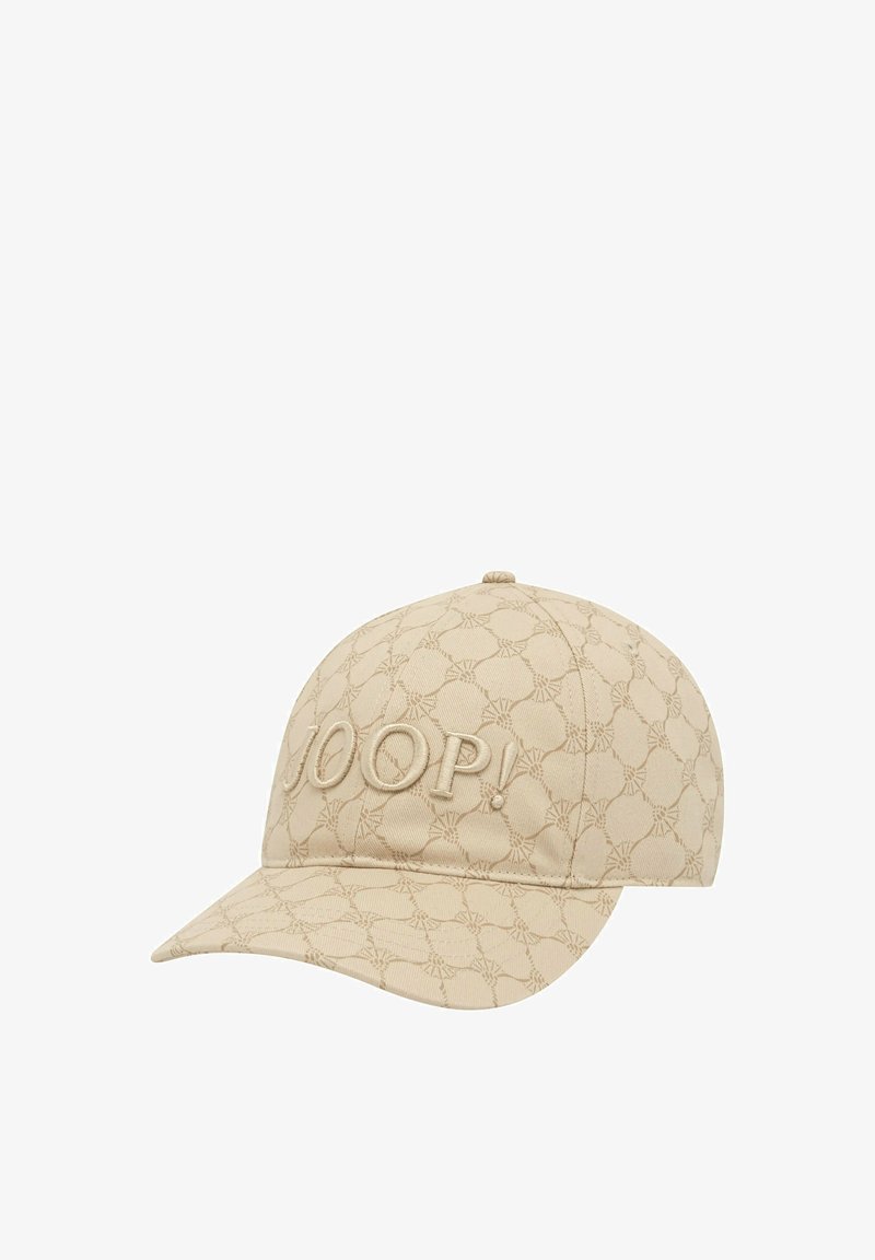 Beige Baseballkappe mit strukturiertem geometrischem Muster und erhabenem "JOOP!"-Schriftzug vorne, gebogenem Schirm und Knopf oben.