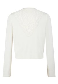 Biały sweter z długim rękawem, z głębokim, koronkowym dekoltem w kształcie litery V na plecach, ściągaczami na mankietach i u dołu.