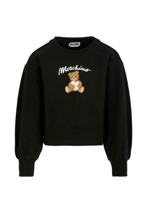 Sweatshirt court noir à manches longues avec des poignets côtelés, présentant un ours en peluche tenant un cœur et le texte "Moschino" au-dessus.