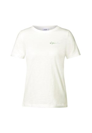 Camiseta blanca de manga corta en tejido suave y texturizado con "il paradiso" en verde en el área del pecho izquierdo. Cuello redondo clásico.