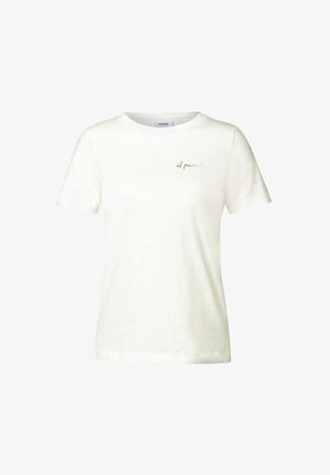 T-shirt blanc à manches courtes en tissu doux et texturé, arborant "il paradiso" en écriture verte sur la partie supérieure gauche de la poitrine. Encolure classique.