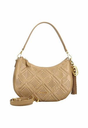 Borsa a mano in pelle beige con motivo a rombi traforati, dettagli in oro, tracolla rimovibile e charm decorativo a nappina.