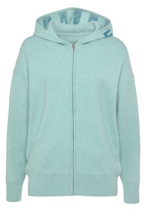Light mint green zip-up hoodie made from soft fabric. Features a drawstring hood, ribbed cuffs, and a contrasting interior hood pattern.