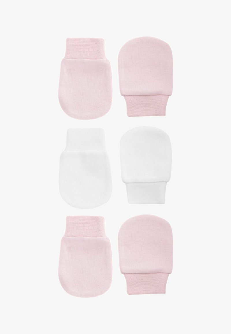Ensemble de six moufles pour bébé en coton rose et blanc. Caractéristiques : poignets texturés et doux, et un ajustement serré pour éviter les éraflures.