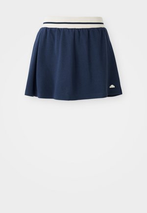 Navy blue skirt made of soft fabric with a white elastic waistband featuring two navy stripes and a small logo on the lower hem.