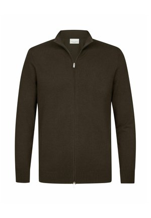 Vest met ritssluiting in donkerbruin, gebreide stof. Voorzien van een col en lange mouwen met geribbelde boorden en zoom, subtiele textuurdetails.