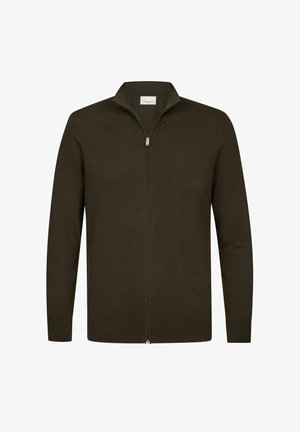 Vest met ritssluiting in donkerbruin, gebreide stof. Voorzien van een col en lange mouwen met geribbelde boorden en zoom, subtiele textuurdetails.