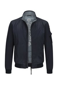 Marineblauer Bomberjacke mit einer glatten, leichten Außenseite. Verfügt über einen Reißverschluss vorne, gerippte Bündchen, seitliche Taschen und ein kontrastierendes Innenfutter.