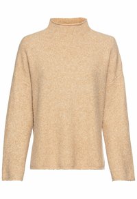 Beige uld turtleneck sweater med en løs pasform. Har lange ærmer, en ribbet halsudskæring og let teksturering i hele stoffet.