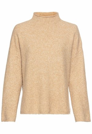 Beige, wollen turtleneck sweater met een losse pasvorm. Heeft lange mouwen, een geribbelde halslijn en een lichte textuur over de stof.