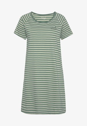 Svītrains īsu piedurkņu kleita gaiši zaļā un krēmkrāsā. Tam ir apaļa kakla izgriezuma forma un uz krūtīm ir uzraksts "smaids". Mīksts kokvilnas materiāls.