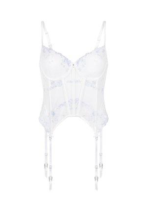 Witte kanten korset met beugelcups, verstelbare schouderbanden, balein-details en vier bevestigde verstelbare jarretelbanden.