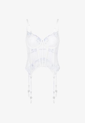 Witte kanten korset met beugelcups, verstelbare schouderbanden, balein-details en vier bevestigde verstelbare jarretelbanden.