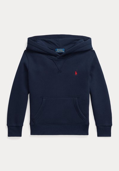 Sweat à capuche bleu marine pour enfants avec poche avant et logo Polo Ralph Lauren rouge sur la poitrine, présenté sur fond blanc.
