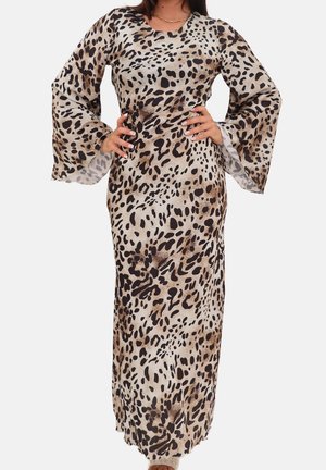 Maxikjole med leopardprint i let stof, med lange, flagrende ærmer og rund halsudskæring, i nuancer af beige, brun og sort.