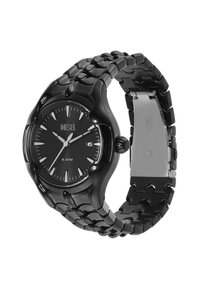 Montre Diesel noire avec un boîtier rond, finition brillante et bracelet texturé. Comprend des index horaires blancs, un affichage de la date et un fermoir en acier inoxydable.