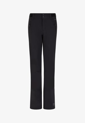 Pantalons de ski noirs à coupe droite, avec deux poches zippées sur les côtés et des jambes inférieures renforcées, affichant une imperméabilité de 10K.