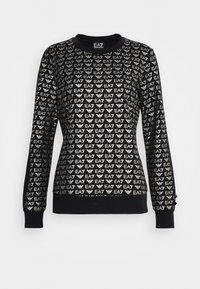 Svart sweatshirt med ett upprepande mönster av guld EA7-logotyp. Långa ärmar med åtsittande ärmslut och rund halsringning. Mjuk, elastisk material.