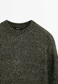 Dark gray knitted sweater with a rounded neckline, ribbed collar, and textured fabric. Label visible, indicating brand Massimo Dutti.