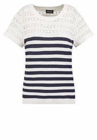 Top de punto de manga corta con canesú de encaje blanco y cuerpo a rayas en azul marino y blanco. Presenta escote redondo y textura suave.