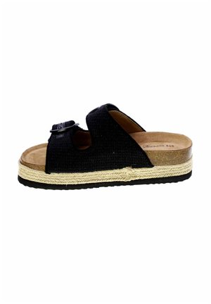 Sandalo nero open toe con tomaia intrecciata, fibbia regolabile, sottopiede in sughero imbottito e intersuola in corda intrecciata su suola in gomma nera.