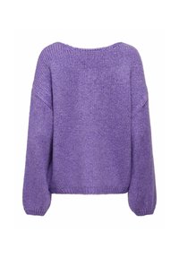 Maglione viola lavorato a maglia con scollo ampio, spalle basse e maniche lunghe. Texture morbida con vestibilità ampia e polsini a coste.