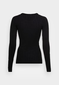 Svart ribbat stickat långärmat linne med rund halsringning, som har en figurnära silhuett och vertikal textur över tyget.