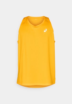 Kerge kollane ilma varrukateta spordisärk, millel on ümar kaelus, valmistatud siledast kangast. Ees on väike valge logo.