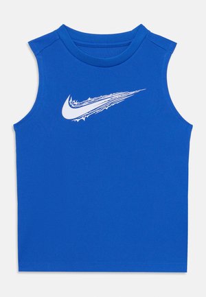 Haut de sport sans manches bleu en tissu lisse, avec un logo Nike swoosh blanc sur la poitrine. Design simple et ajusté.
