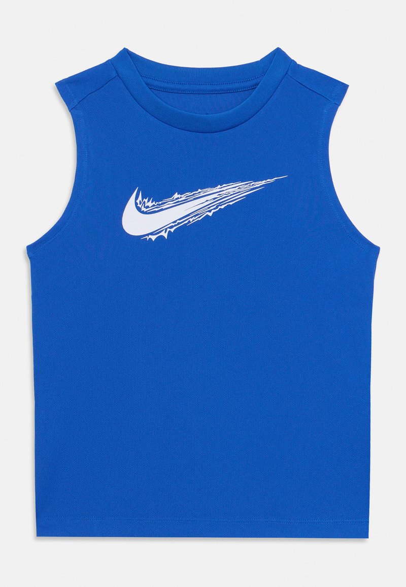 Blå ermeløs treningsgenser laget av glatt stoff, med en hvit Nike swoosh-logo over brystet. Enkelt, stramt design.