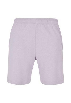 Heledad heletruu kangast valmistatud heledad lavendlivärvilised lühikesed püksid, millel on elastne vöökoht ja küljetaskud, lihtsa ja kaunistusteta disainiga.