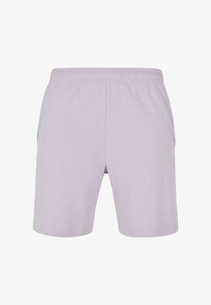 Heledad heletruu kangast valmistatud heledad lavendlivärvilised lühikesed püksid, millel on elastne vöökoht ja küljetaskud, lihtsa ja kaunistusteta disainiga.