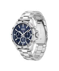 Montre chronographe en acier inoxydable argenté avec un cadran texturé bleu, trois sous-cadrans et affichage de la date à 6 heures. Bracelet en métal ajustable.