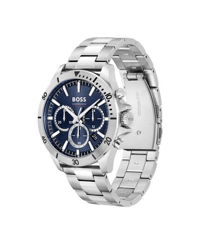 Montre chronographe en acier inoxydable argenté avec un cadran texturé bleu, trois sous-cadrans et affichage de la date à 6 heures. Bracelet en métal ajustable.