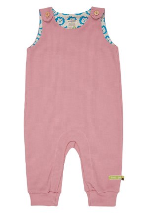 Rosa gestrickter Overall mit blauer Löwenmuster-Futter, Holzknöpfen an den Schultern und gerippten Ärmelbündchen. Verfügt über eine lockere Passform mit Rundhalsausschnitt.