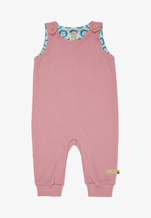 Romper lavorato a maglia rosa con foderatura stampata di leoni blu, bottoni in legno alle spalle e polsini a coste. Presenta una vestibilità ampia con scollatura rotonda.