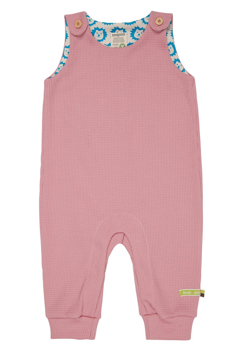 Roze gebreide romper met een blauwe leeuwprint voering, houten knopen op de schouders en geribbelde manchetten. Heeft een losse pasvorm met een ronde halslijn.