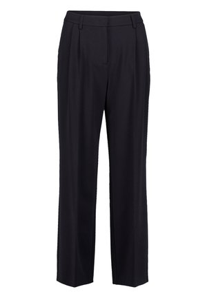 Pantalons noirs au design ajusté, présentant des plis à l'avant, une silhouette droite et une texture de tissu lisse.