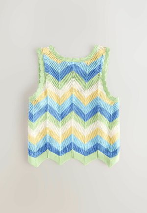 Pleteni bezrukavi top s chevron uzorkom u pastelnim nijansama zelene, plave, žute i bijele boje, s valovitim rubovima i teksturiranom završnom obradom.