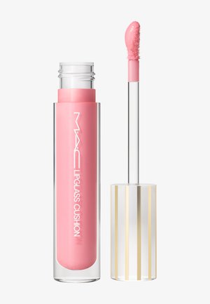 Gloss à lèvres MAC Lipglass Cushion en rose pâle avec applicateur à côté du tube transparent avec capuchon rayé or.